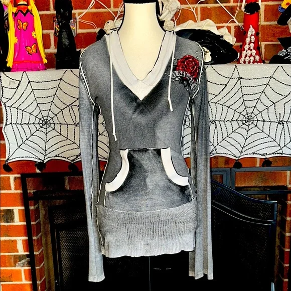 Y2K SINFUL black and gray acid wash bell sleeve hoodie with gem red rose - Picture 2 of 11